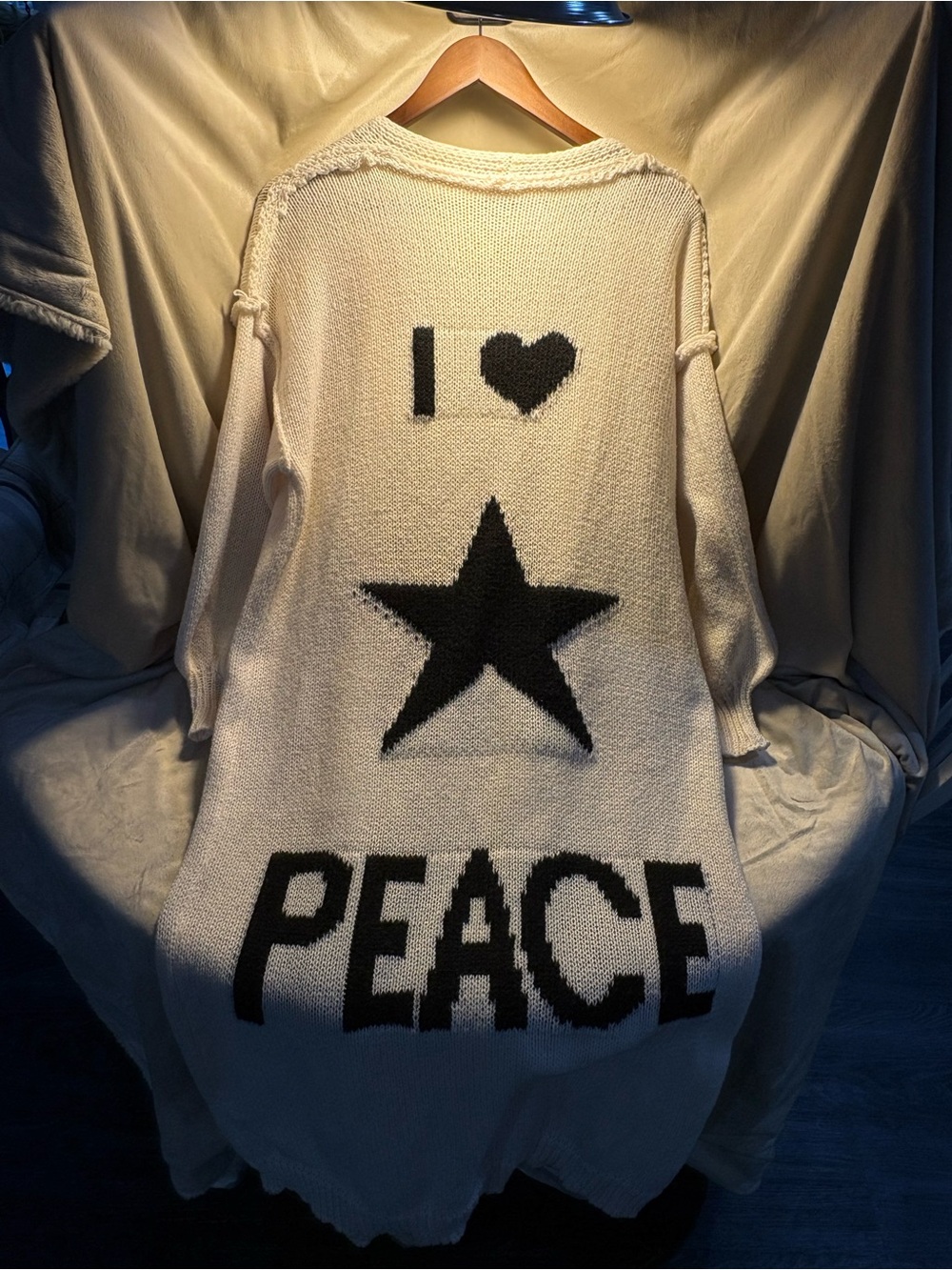 Oversized “I 🖤 Peace” Chunky Knit Cardigan Sweater
